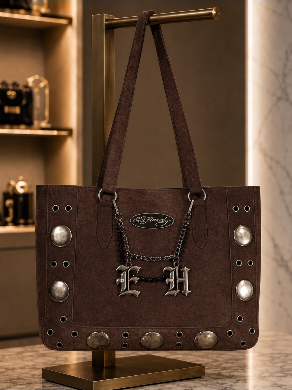 Ed Hardy Dark Brown Suede Tote with Chain and Logo Charm